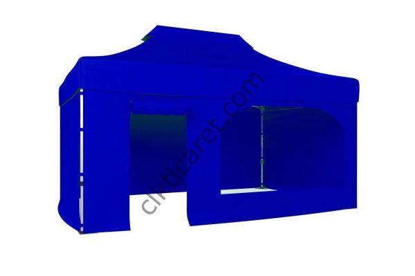CLK 3x4,5 Katlanabilir Tente Gazebo Portatif Çadır 30 mm 3 Yan Kapalı 1 Yan Kapı ve Pencereli Saks Mavi