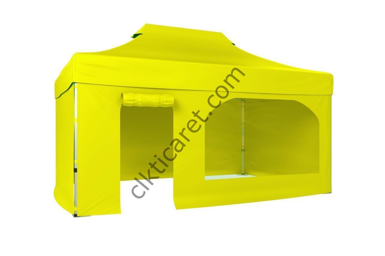 CLK 3x4,5 Katlanabilir Tente Gazebo Portatif Çadır 30 mm 3 Yan Kapalı 1 Yan Kapı ve Pencereli Sarı