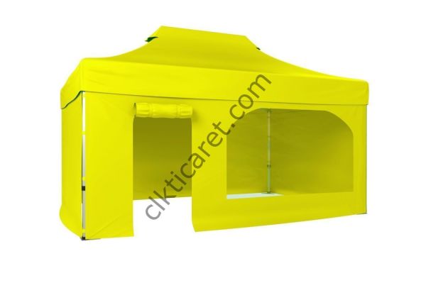 CLK 3x4,5 Katlanabilir Tente Gazebo Portatif Çadır 30 mm 3 Yan Kapalı 1 Yan Kapı ve Pencereli Sarı
