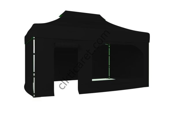 CLK 3x4,5 Katlanabilir Tente Gazebo Portatif Çadır 30 mm 3 Yan Kapalı 1 Yan Kapı ve Pencereli Siyah