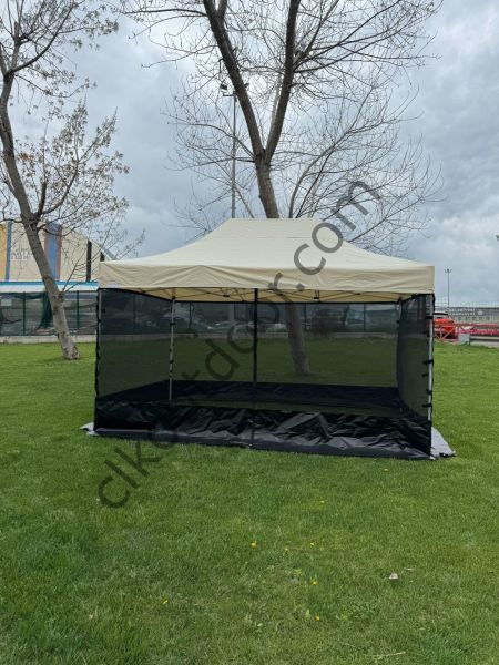 CLK 3x4,5 40 mm Dekoratif Gazebo Çadır Bungalow Garden Model Sineklikli Perde Katlanır Portatif Bahçe Çadır Tente Çardak Bej