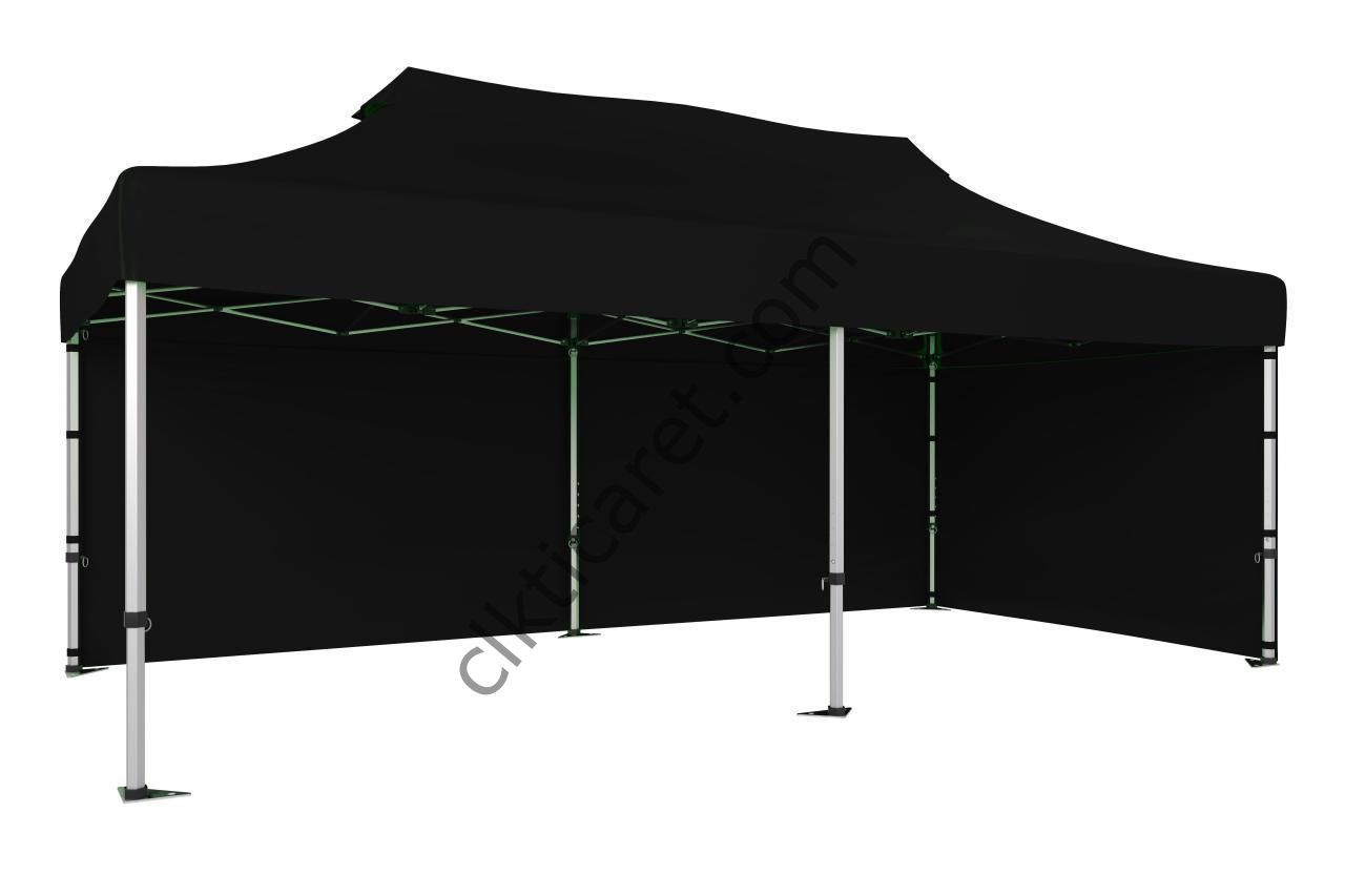 CLK 3x6 Katlanabilir Tente Gazebo Portatif Çadır 30 mm 2 Yan Kapalı Siyah