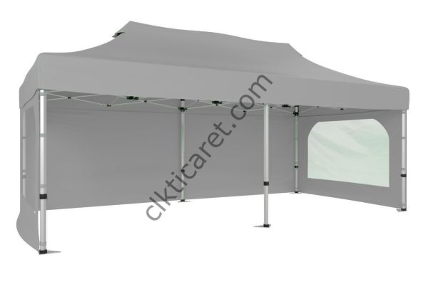 CLK 3x6 Katlanabilir Tente Gazebo Portatif Çadır 30 mm 3 Yan Duvarlı 2 Pencereli Açık Gri