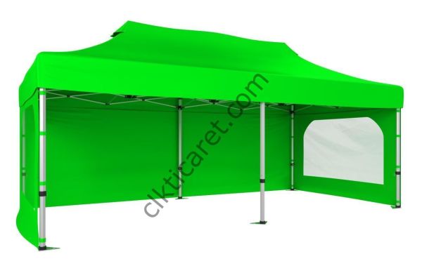 CLK 3x6 Katlanabilir Tente Gazebo Portatif Çadır 30 mm 3 Yan Duvarlı 2 Pencereli Açık Yeşil