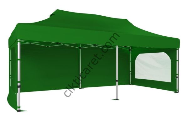 CLK 3x6 Katlanabilir Tente Gazebo Portatif Çadır 30 mm 3 Yan Duvarlı 2 Pencereli Benetton Yeşil