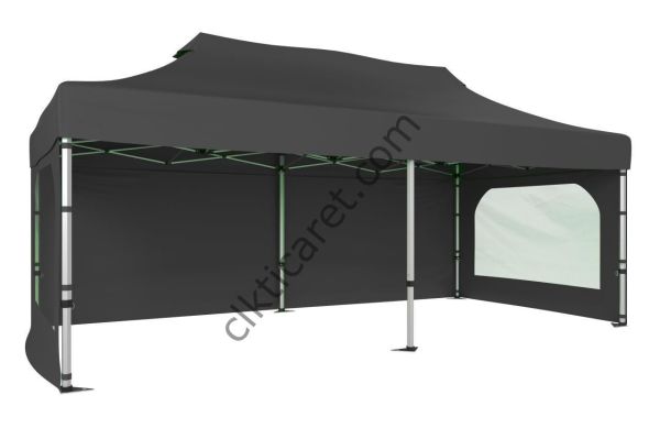 CLK 3x6 Katlanabilir Tente Gazebo Portatif Çadır 30 mm 3 Yan Duvarlı 2 Pencereli Gri
