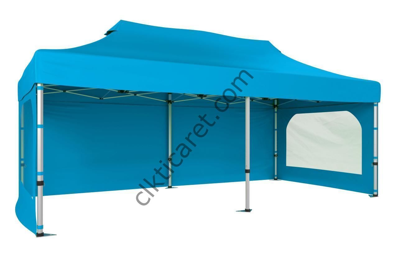 CLK 3x6 Katlanabilir Tente Gazebo Portatif Çadır 30 mm 3 Yan Duvarlı 2 Pencereli Açık Mavi (Turkuaz)