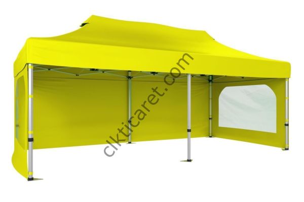CLK 3x6 Katlanabilir Tente Gazebo Portatif Çadır 30 mm 3 Yan Duvarlı 2 Pencereli Sarı