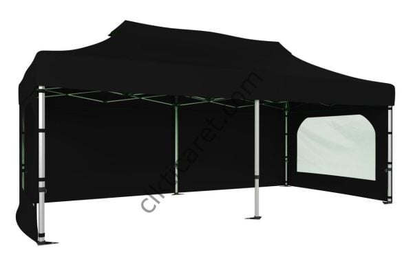 CLK 3x6 Katlanabilir Tente Gazebo Portatif Çadır 30 mm 3 Yan Duvarlı 2 Pencereli Siyah