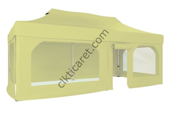 CLK 5x10 52mm Kalın Alüminyum Katlanabilir Tente Gazebo Çadır 2 Yan Pencereli 1 Yan Aksesuarsız 1 Yan Kapı ve Pencereli Krem