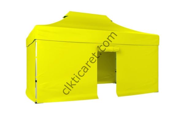 CLK 3x4,5 Katlanabilir Tente Gazebo Portatif Çadır 30 mm 3 Yan Kapalı 1 Kapılı Sarı
