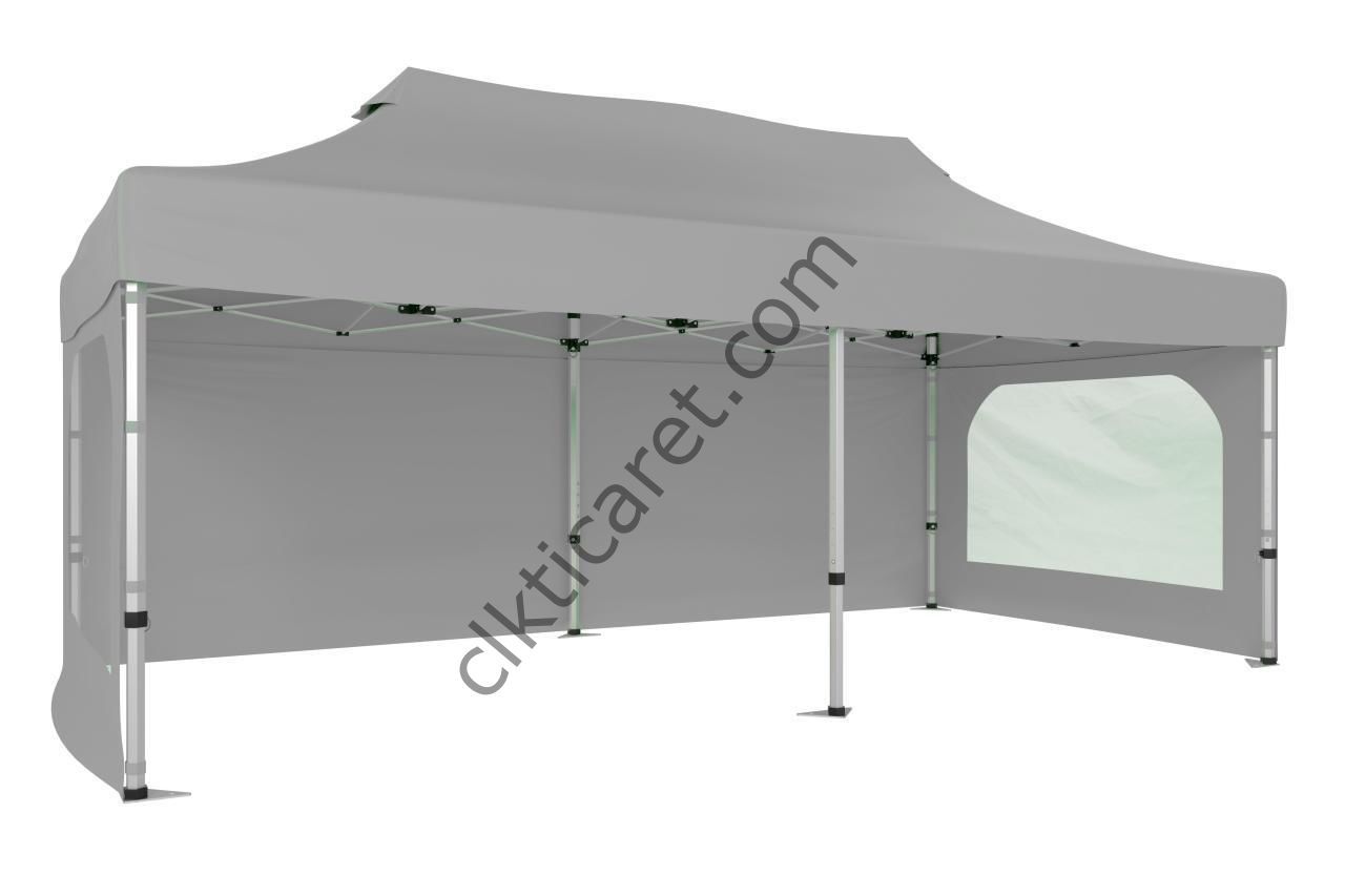CLK 5x10 52mm Kalın Alüminyum Katlanabilir Tente Gazebo Çadır 3 Yan Duvarlı 2 Pencereli Açık Gri