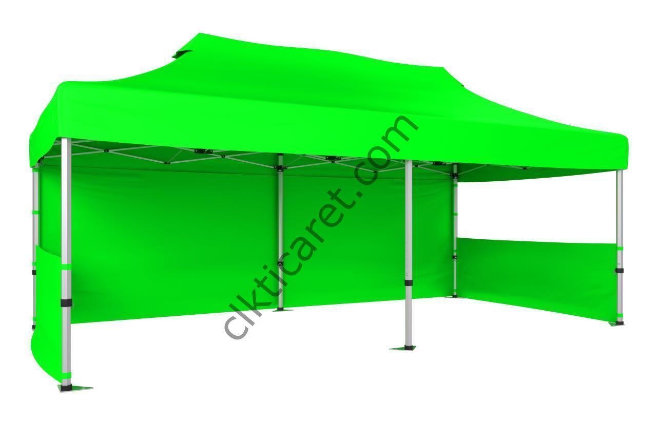 CLK 3x6 Katlanabilir Tente Gazebo Portatif Çadır 30 mm 1 Tam Duvar 2 Yarım Duvar Açık Yeşil