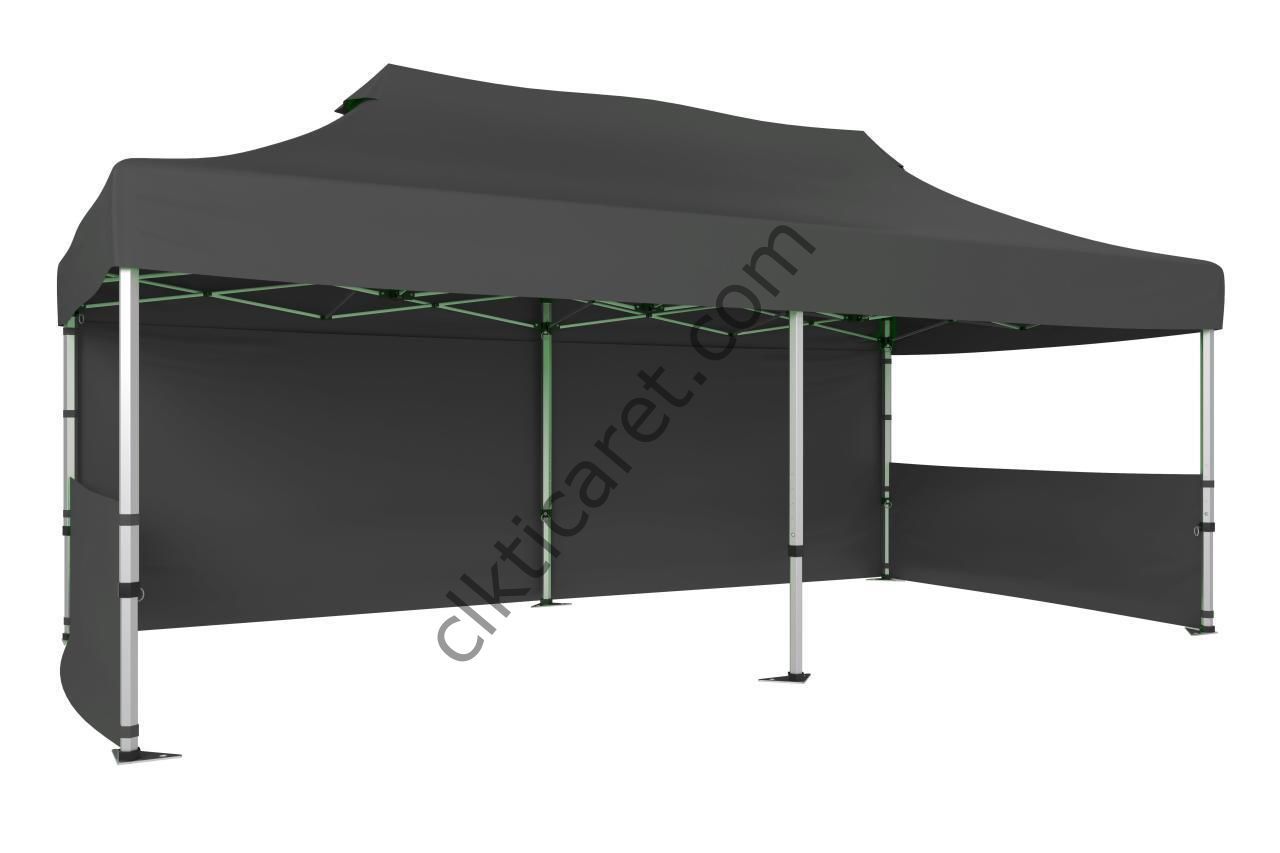 CLK 3x6 Katlanabilir Tente Gazebo Portatif Çadır 30 mm 1 Tam Duvar 2 Yarım Duvar Gri