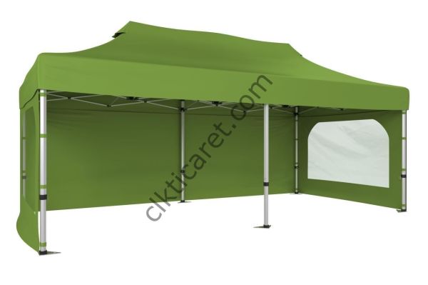 CLK 5x10 52mm Kalın Alüminyum Katlanabilir Tente Gazebo Çadır 3 Yan Duvarlı 2 Pencereli Haki Askeri Yeşil
