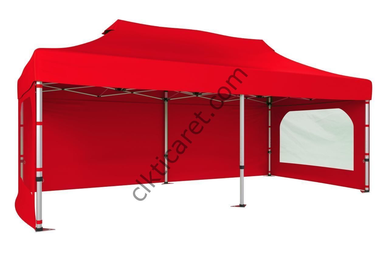 CLK 5x10 52mm Kalın Alüminyum Katlanabilir Tente Gazebo Çadır 3 Yan Duvarlı 2 Pencereli Kırmızı