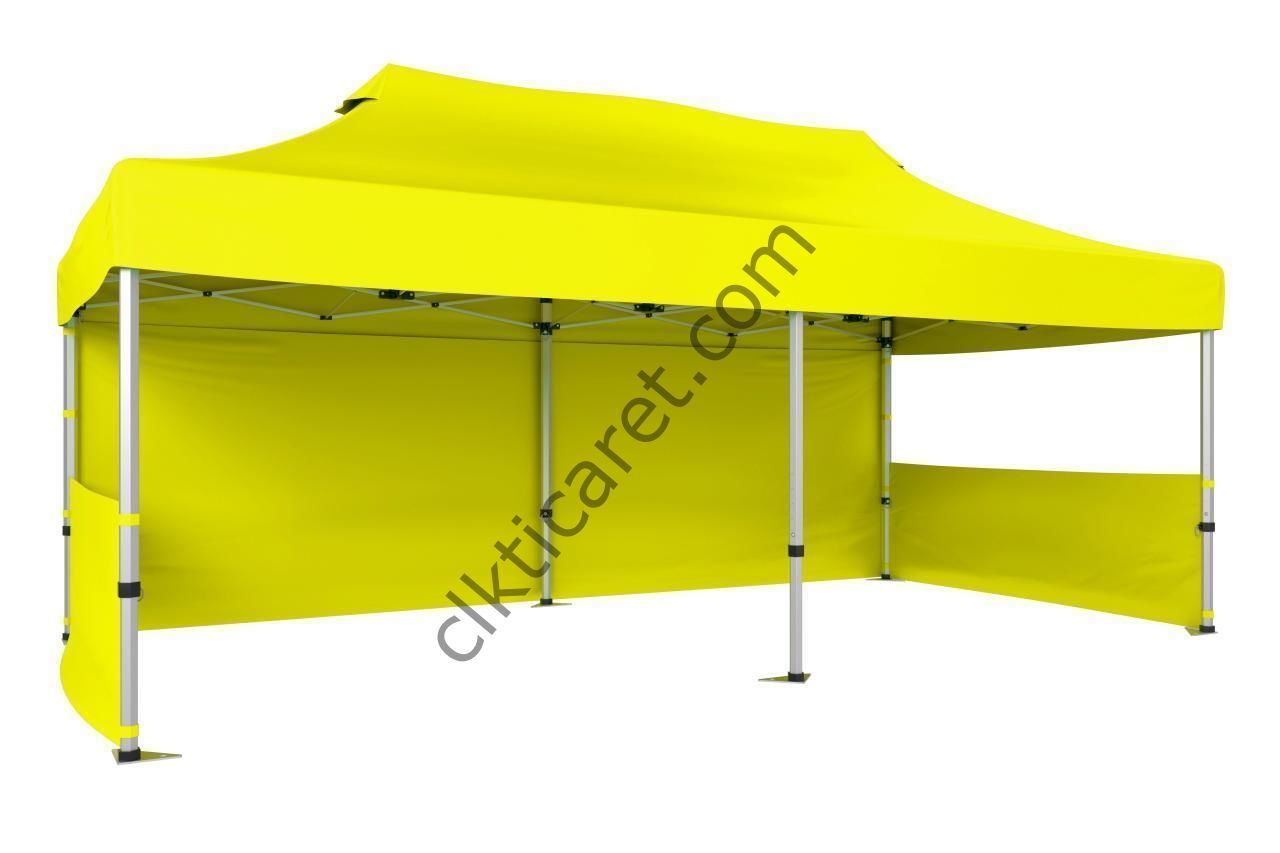 CLK 3x6 Katlanabilir Tente Gazebo Portatif Çadır 30 mm 1 Tam Duvar 2 Yarım Duvar Sarı