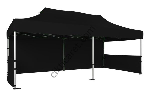 CLK 3x6 Katlanabilir Tente Gazebo Portatif Çadır 30 mm 1 Tam Duvar 2 Yarım Duvar Siyah
