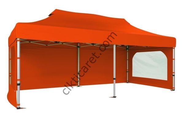 CLK 5x10 52mm Kalın Alüminyum Katlanabilir Tente Gazebo Çadır 3 Yan Duvarlı 2 Pencereli Turuncu