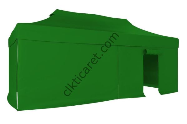 CLK 5x10 52mm Kalın Alüminyum Katlanabilir Tente Gazebo Çadır 3 Kenar Kapalı 1 Kapılı Benetton Yeşil