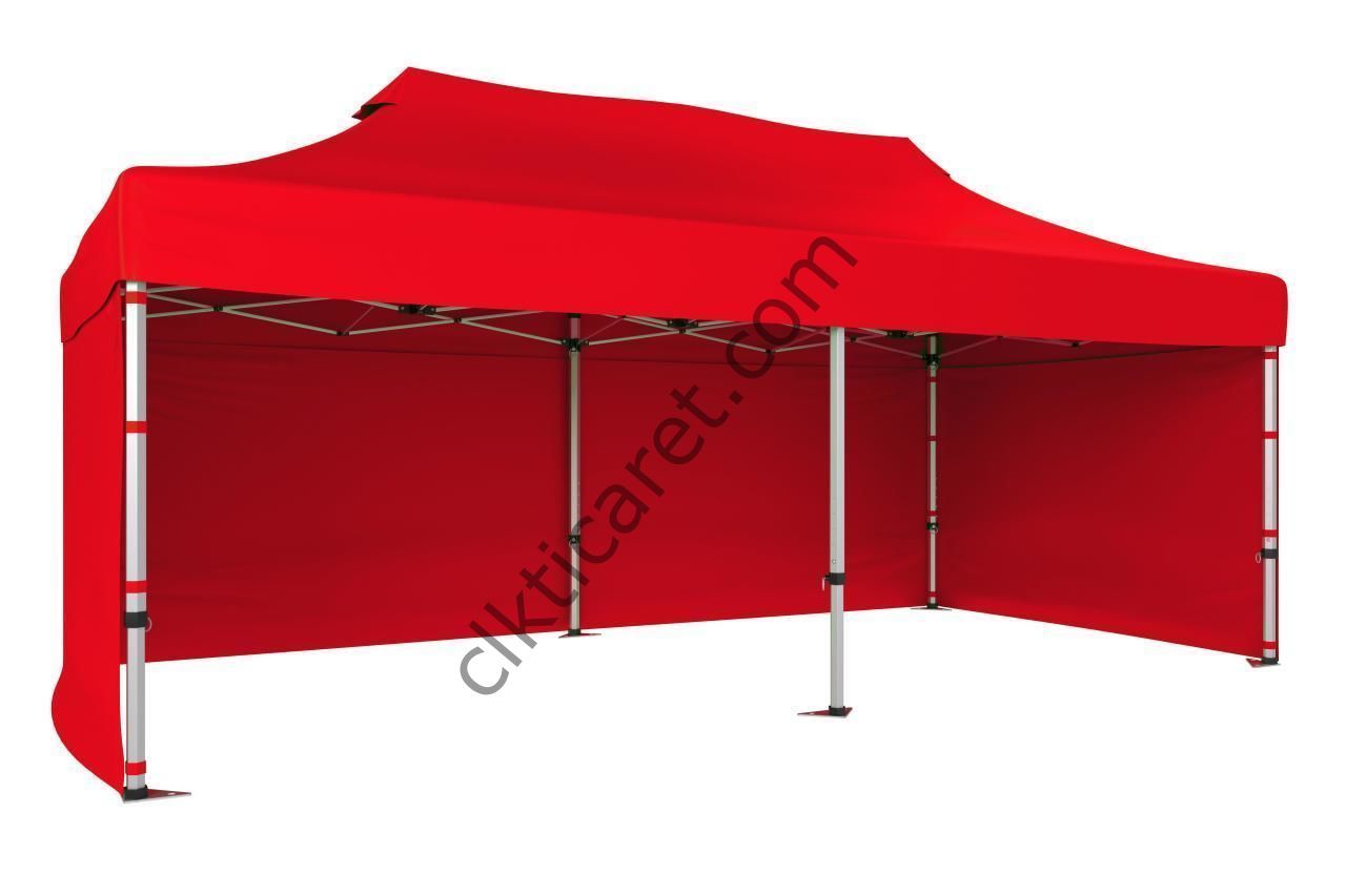 CLK 3x6 Katlanabilir Tente Gazebo Portatif Çadır 30 mm 3 Yan Kapalı Kırmızı