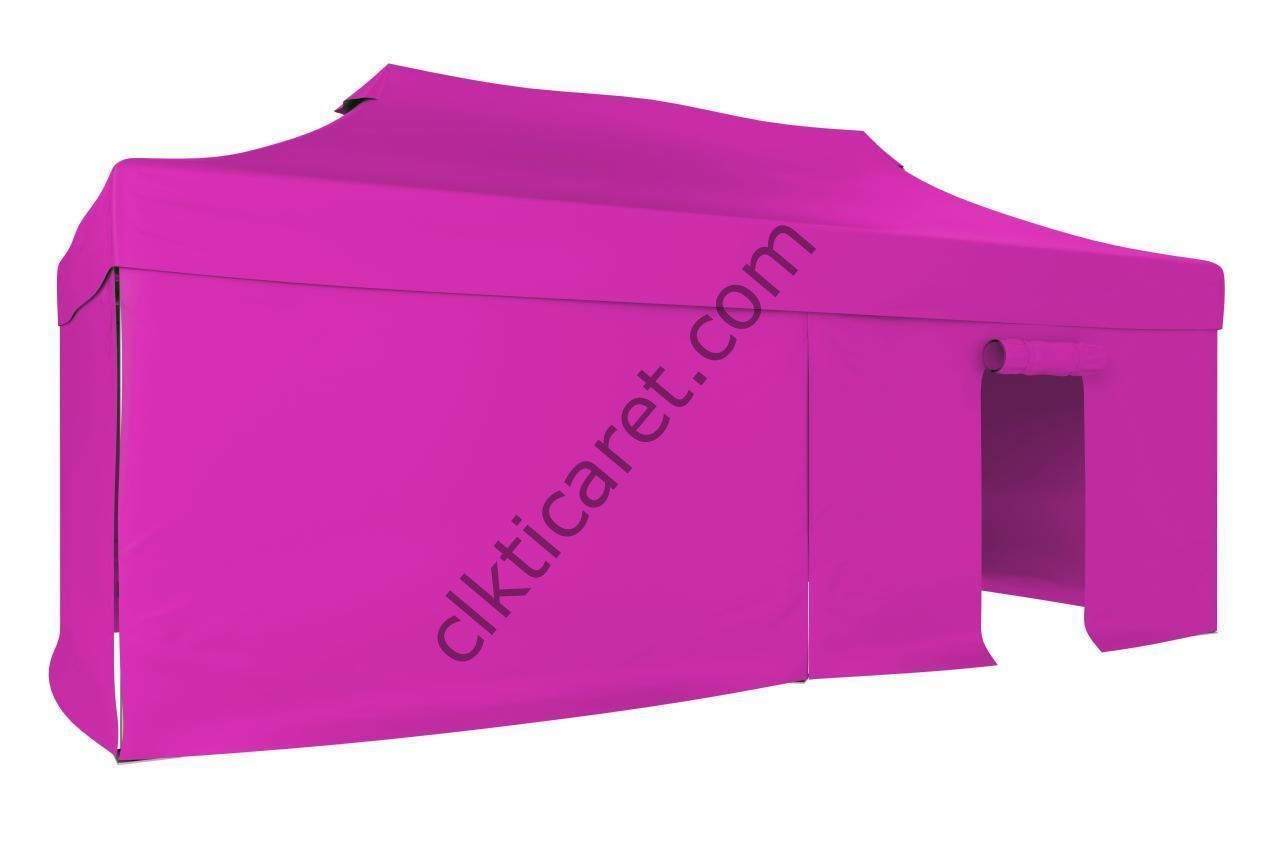 CLK 5x10 52mm Kalın Alüminyum Katlanabilir Tente Gazebo Çadır 3 Kenar Kapalı 1 Kapılı Pembe