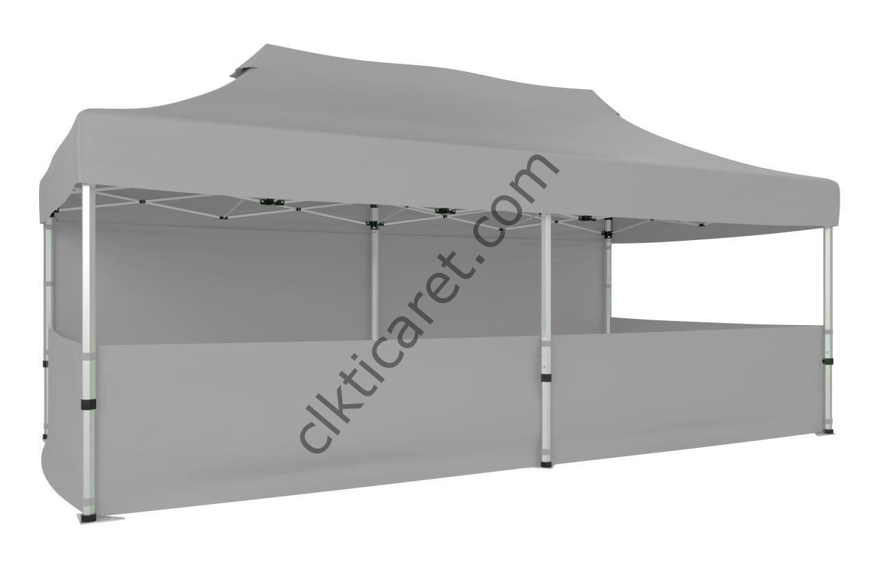 CLK 5x10 52mm Kalın Alüminyum Katlanabilir Tente Gazebo Çadır 1 Tam Duvar 3 Yarım Duvar Açık Gri