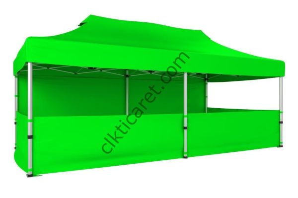 CLK 5x10 52mm Kalın Alüminyum Katlanabilir Tente Gazebo Çadır 1 Tam Duvar 3 Yarım Duvar Açık Yeşil