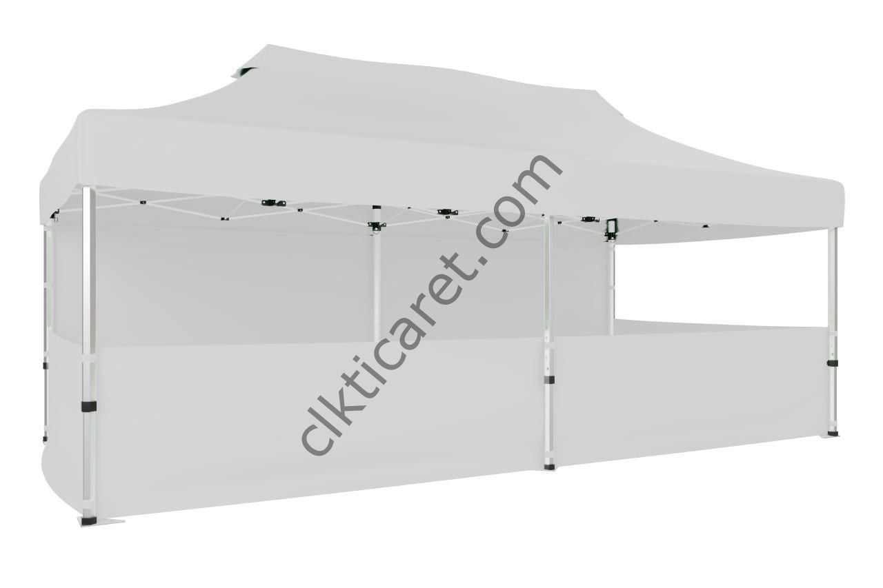 CLK 3x6 Katlanabilir Tente Gazebo Portatif Çadır 30 mm 1 Tam Duvar 3 Yarım Duvar Beyaz