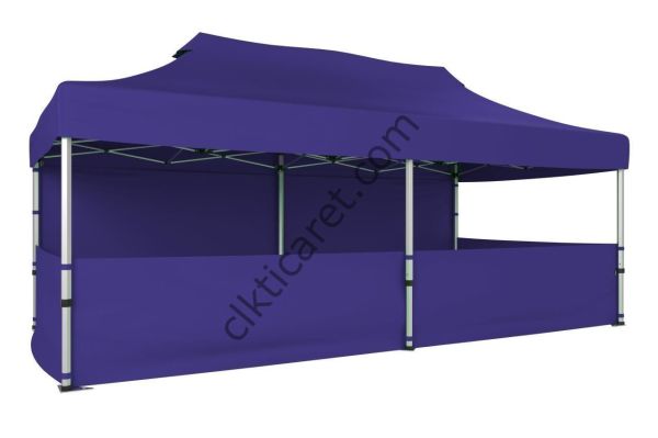 CLK 3x6 Katlanabilir Tente Gazebo Portatif Çadır 30 mm 1 Tam Duvar 3 Yarım Duvar Lacivert