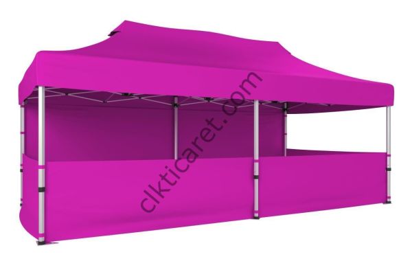CLK 5x10 52mm Kalın Alüminyum Katlanabilir Tente Gazebo Çadır 1 Tam Duvar 3 Yarım Duvar Pembe
