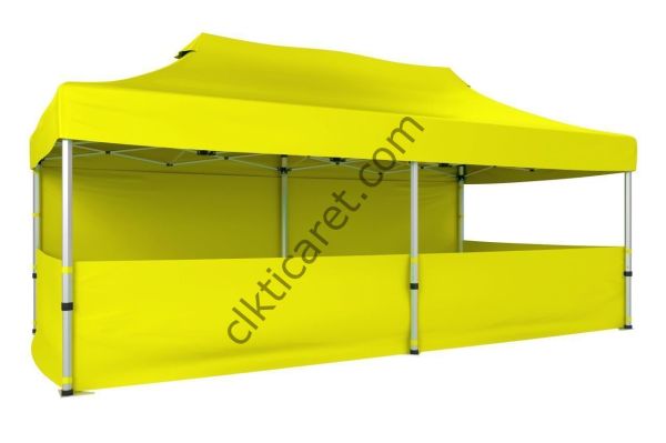 CLK 5x10 52mm Kalın Alüminyum Katlanabilir Tente Gazebo Çadır 1 Tam Duvar 3 Yarım Duvar Sarı