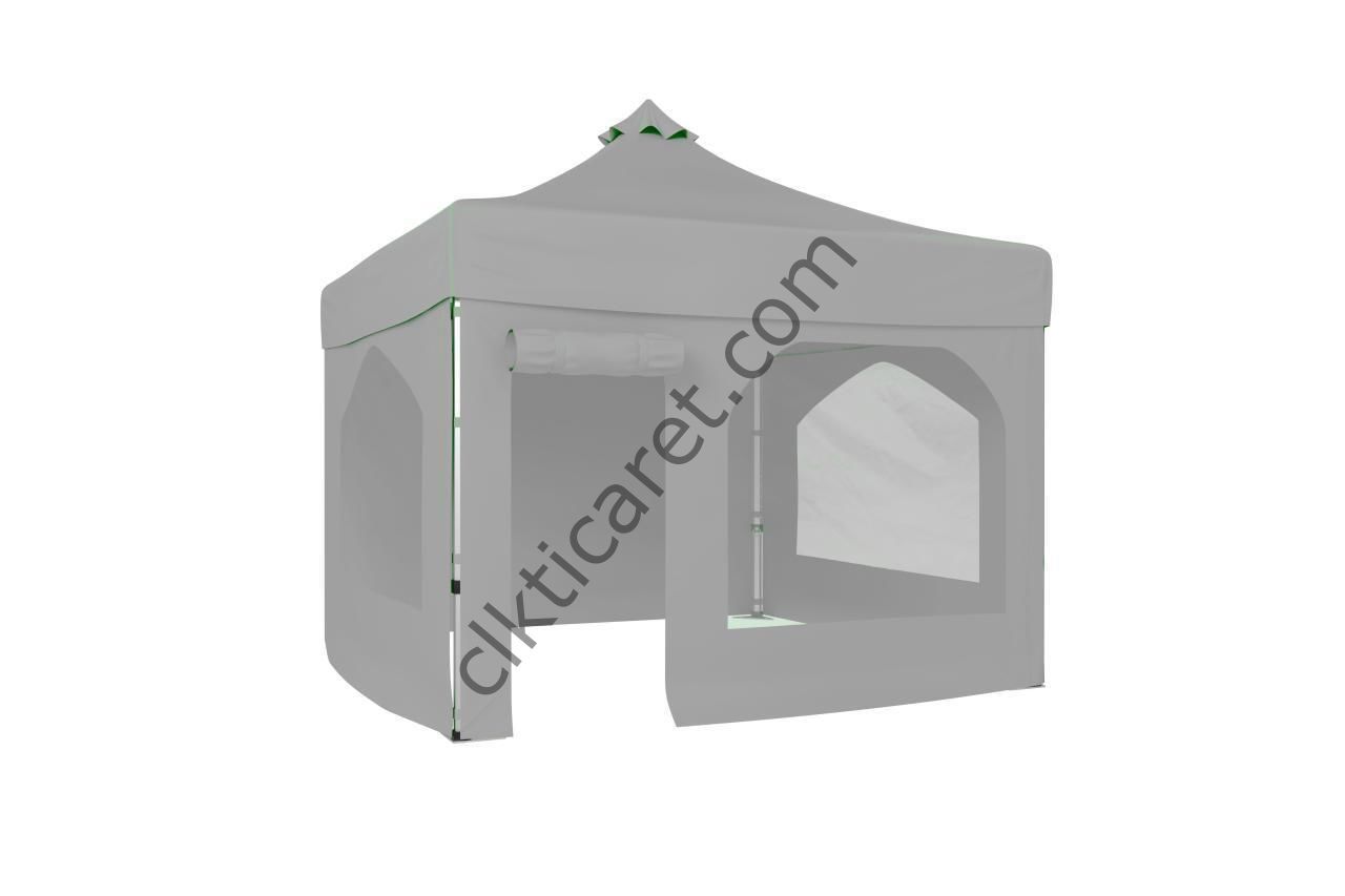 CLK 3x3 52mm Kalın Alüminyum Katlanabilir Tente Gazebo Çadır 4 Yan Kapalı 2 Camlı 1 Kapılı Pencereli Tam Duvarlı Gazebo Çadır Açık Gri