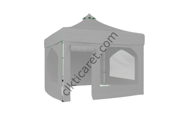 CLK 3x3 52mm Kalın Alüminyum Katlanabilir Tente Gazebo Çadır 4 Yan Kapalı 2 Camlı 1 Kapılı Pencereli Tam Duvarlı Gazebo Çadır Açık Gri