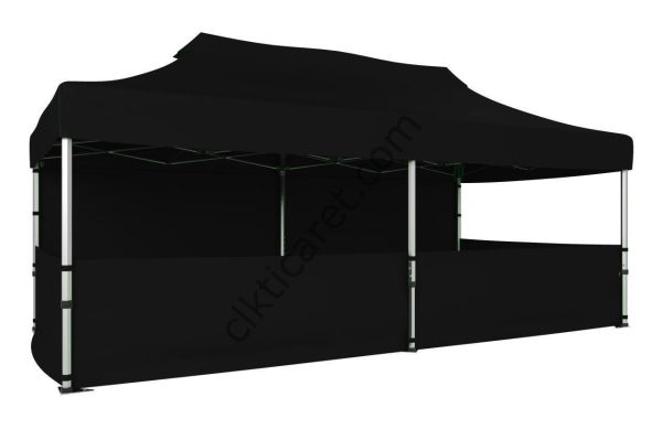 CLK 5x10 52mm Kalın Alüminyum Katlanabilir Tente Gazebo Çadır 1 Tam Duvar 3 Yarım Duvar Siyah