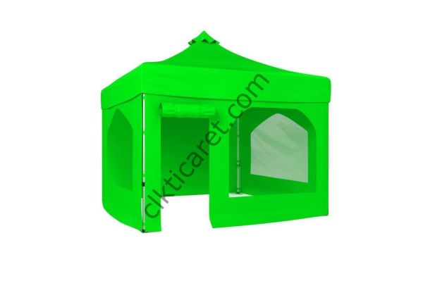 CLK 3x3 52mm Kalın Alüminyum Katlanabilir Tente Gazebo Çadır 4 Yan Kapalı 2 Camlı 1 Kapılı Pencereli Tam Duvarlı Gazebo Çadır Açık Yeşil