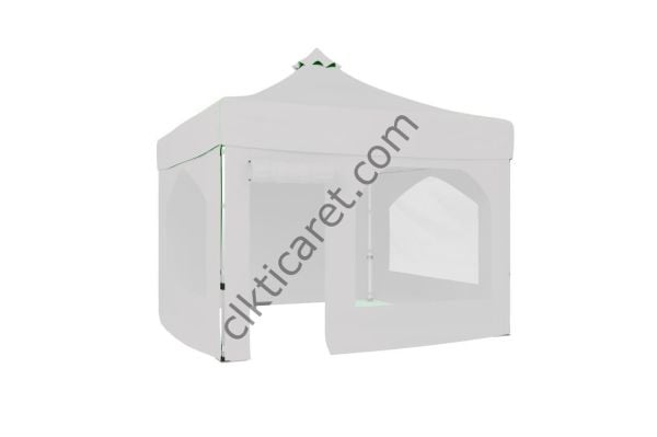 CLK 3x3 52mm Kalın Alüminyum Katlanabilir Tente Gazebo Çadır 4 Yan Kapalı 2 Camlı 1 Kapılı Pencereli Tam Duvarlı Gazebo Çadır Beyaz