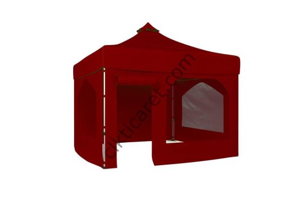 CLK 3x3 52mm Kalın Alüminyum Katlanabilir Tente Gazebo Çadır 4 Yan Kapalı 2 Camlı 1 Kapılı Pencereli Tam Duvarlı Gazebo Çadır Bordo