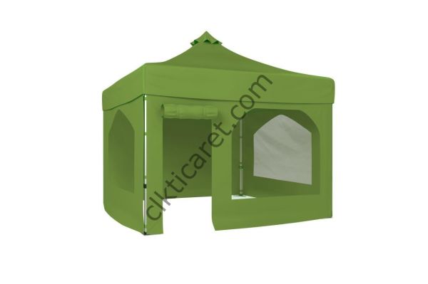 CLK 3x3 52mm Kalın Alüminyum Katlanabilir Tente Gazebo Çadır 4 Yan Kapalı 2 Camlı 1 Kapılı Pencereli Tam Duvarlı Gazebo Çadır Haki Askeri Yeşil