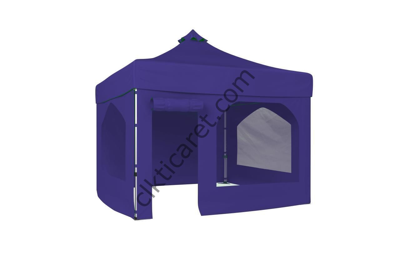 CLK 3x3 52mm Kalın Alüminyum Katlanabilir Tente Gazebo Çadır 4 Yan Kapalı 2 Camlı 1 Kapılı Pencereli Tam Duvarlı Gazebo Çadır Lacivert