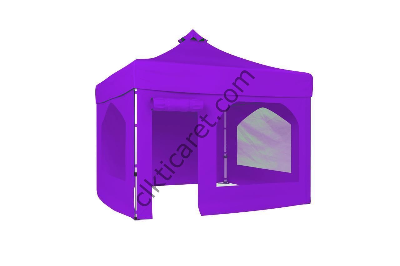 CLK 3x3 52mm Kalın Alüminyum Katlanabilir Tente Gazebo Çadır 4 Yan Kapalı 2 Camlı 1 Kapılı Pencereli Tam Duvarlı Gazebo Çadır Lila