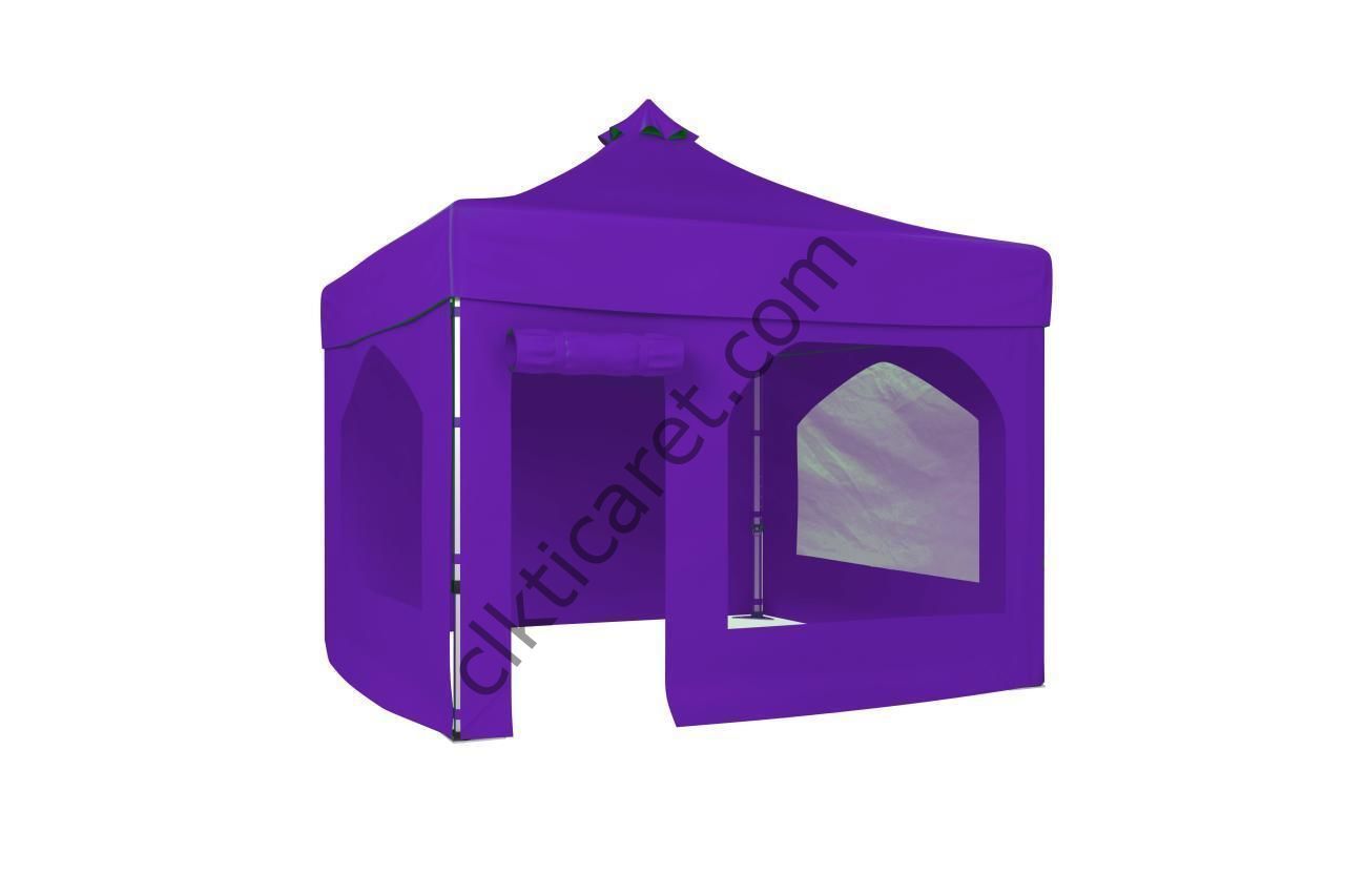 CLK 3x3 52mm Kalın Alüminyum Katlanabilir Tente Gazebo Çadır 4 Yan Kapalı 2 Camlı 1 Kapılı Pencereli Tam Duvarlı Gazebo Çadır Mor