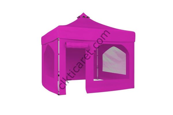 CLK 3x3 52mm Kalın Alüminyum Katlanabilir Tente Gazebo Çadır 4 Yan Kapalı 2 Camlı 1 Kapılı Pencereli Tam Duvarlı Gazebo Çadır Pembe