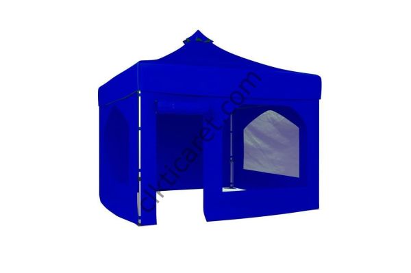 CLK 3x3 52mm Kalın Alüminyum Katlanabilir Tente Gazebo Çadır 4 Yan Kapalı 2 Camlı 1 Kapılı Pencereli Tam Duvarlı Gazebo Çadır Saks Mavi