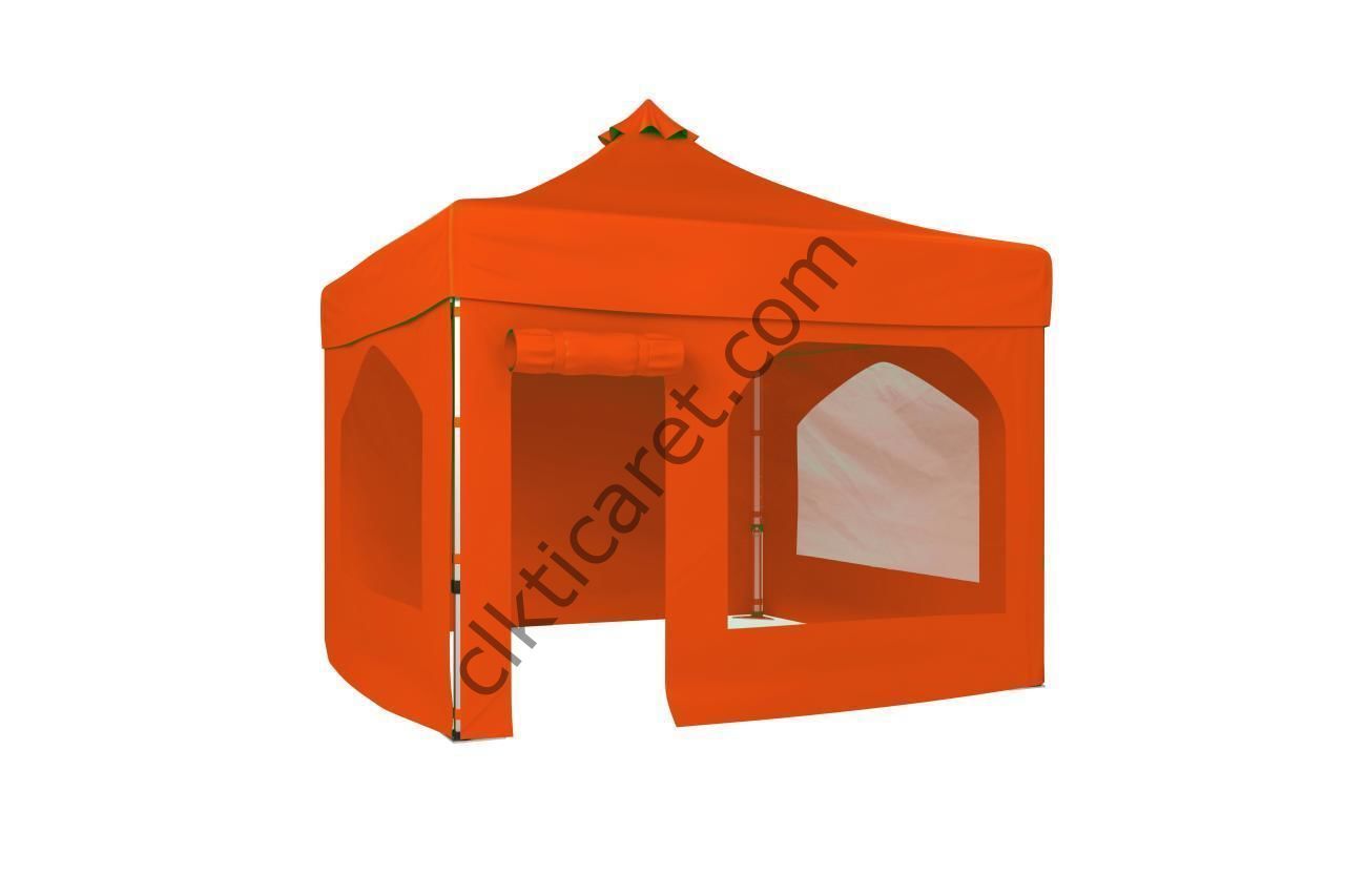 CLK 3x3 52mm Kalın Alüminyum Katlanabilir Tente Gazebo Çadır 4 Yan Kapalı 2 Camlı 1 Kapılı Pencereli Tam Duvarlı Gazebo Çadır Turuncu