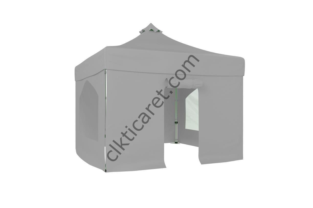 CLK 3x3 52mm Kalın Alüminyum Katlanabilir Tente Gazebo Çadır 4 Yan Kapalı 2 Camlı 1Kapılı Tam Duvarlı Açık Gri