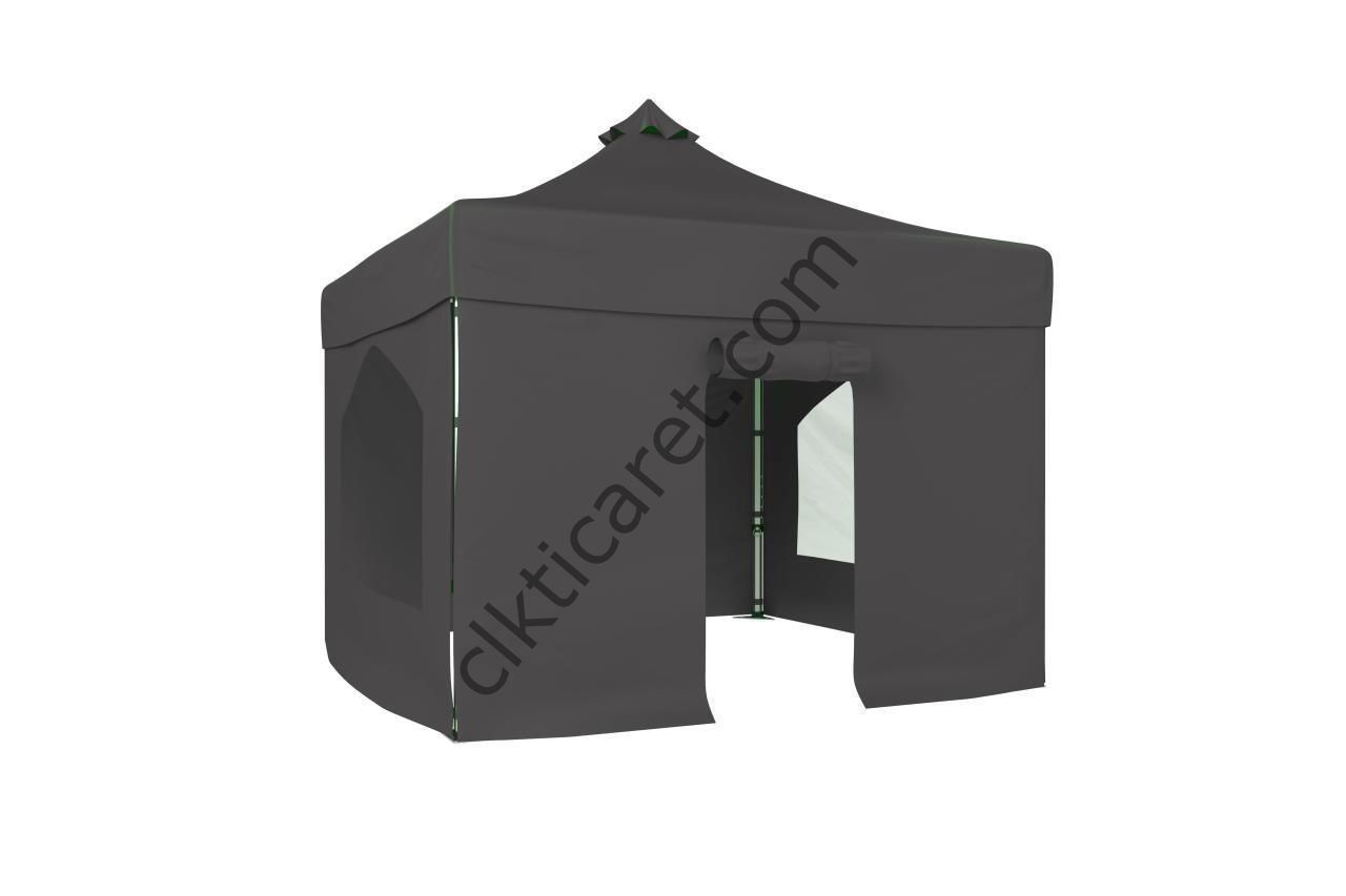 CLK 3x3 52mm Kalın Alüminyum Katlanabilir Tente Gazebo Çadır 4 Yan Kapalı 2 Camlı 1Kapılı Tam Duvarlı Gri