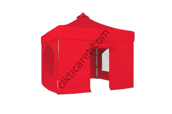 CLK 3x3 52mm Kalın Alüminyum Katlanabilir Tente Gazebo Çadır 4 Yan Kapalı 2 Camlı 1Kapılı Tam Duvarlı Kırmızı