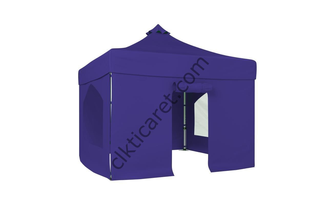 CLK 3x3 52mm Kalın Alüminyum Katlanabilir Tente Gazebo Çadır 4 Yan Kapalı 2 Camlı 1Kapılı Tam Duvarlı Lacivert