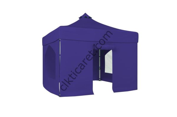 CLK 3x3 52mm Kalın Alüminyum Katlanabilir Tente Gazebo Çadır 4 Yan Kapalı 2 Camlı 1Kapılı Tam Duvarlı Lacivert